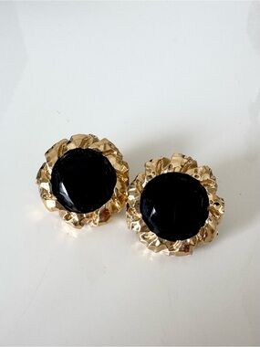 Vintage St. John Gold & Black Enamel Ruffled Clip-On Earrings